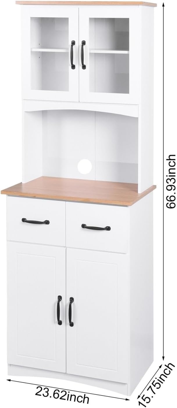 Kitchen Cabinet White Pantry Room Storage Microwave Cabinet with Framed Glass...