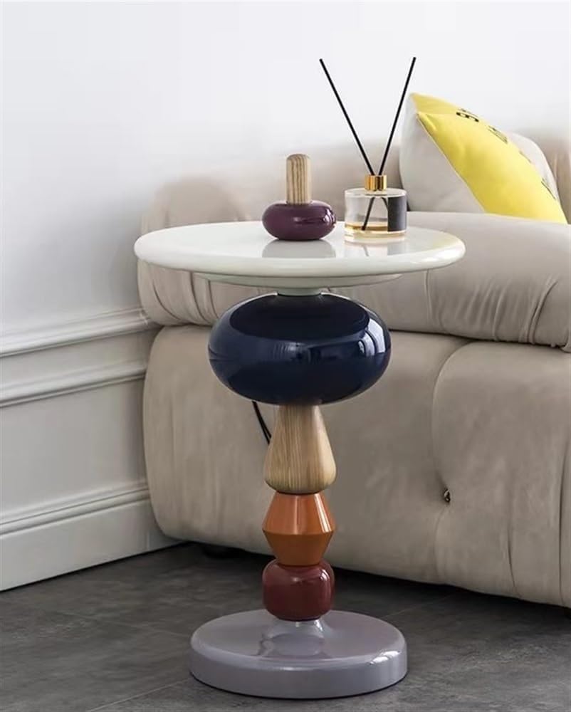 Modern Round Side Table, Fiberglass End Table, Solid Oak Pole, Small Round Co...