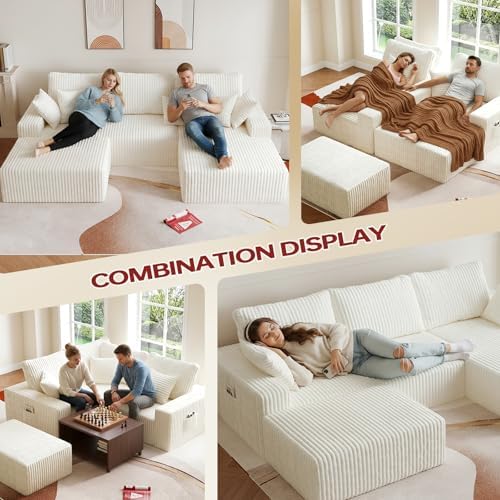 108" U-Shape Modular Sectional Cloud Cream Couch with Ottoman, Deep Seat...