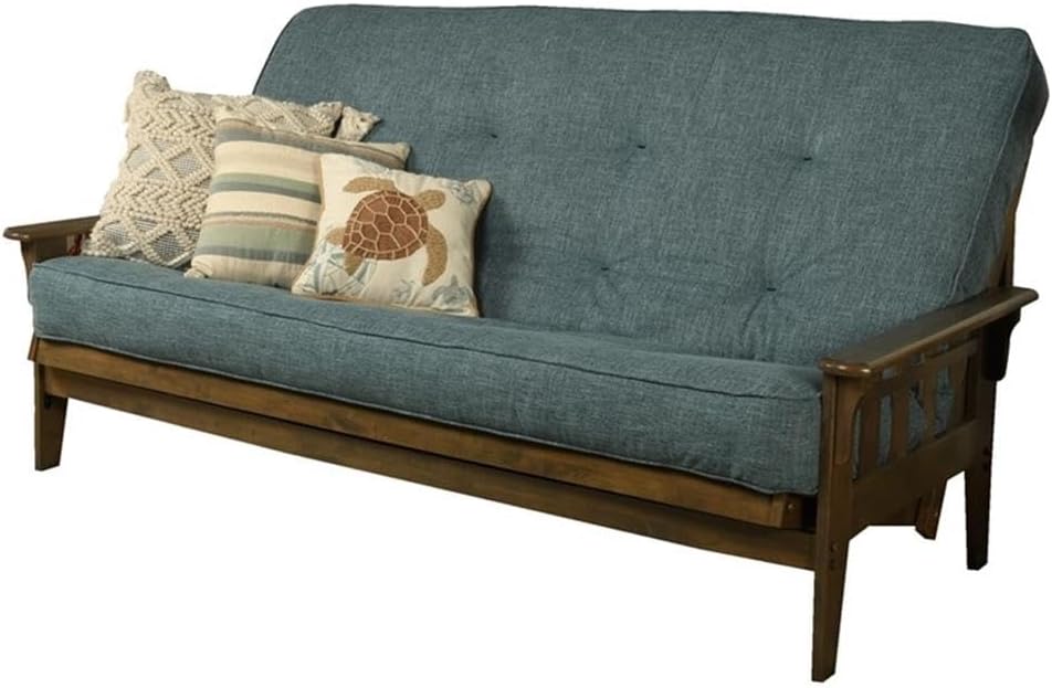 BOWERY HILL Queen-Size Wood Futon, Rustic Walnut Brown Frame, Linen Aqua Blue...
