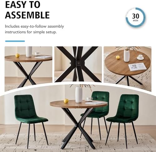 39" Round Dining Table Set for 4(Brown Table+4 Green Chairs) | Mid Centu...