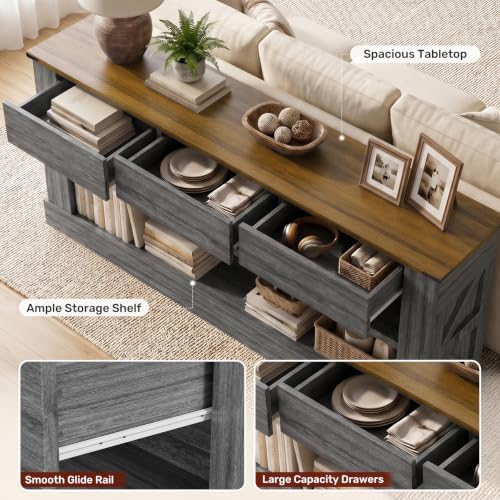Miereirl 63" Console Table with Drawers & LED Light, Brown & Dar...