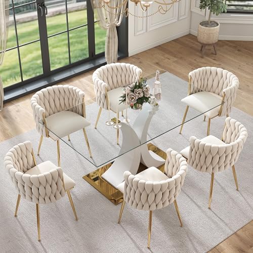 7 Pieces Modern Luxury Glass Dining Set, Large Minimalist Rectangle Dinner Se...