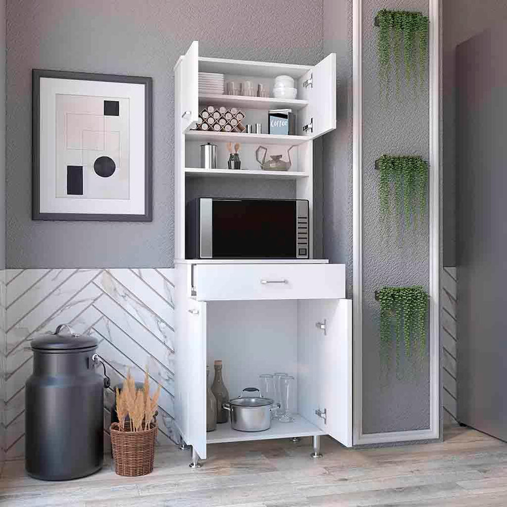 67" H White Kitchen Pantry, Microwave Storage Cabinet with 4 Doors, 1 Dr...