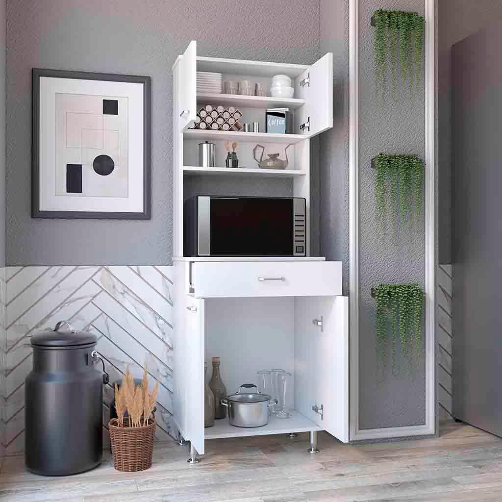 67" H White Kitchen Pantry, Microwave Storage Cabinet with 4 Doors, 1 Drawer and 3 Internal Shelves, 2 External Shelves, Storage Option, 4 Legs, Easy to Maintain, for Dining Room