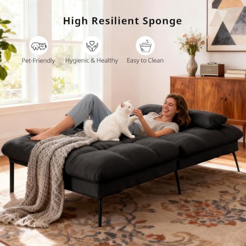 COMHOMA 72″ Convertible Futon Sofa Bed, Adjustable Backrest, Black | Breathab...