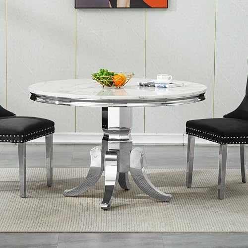45 inch White Marble Round Dining Table for 4 to 6, Modern Round Dining Table...