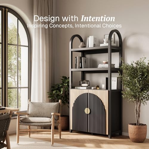 BELLEZE Book Shelf 72" Tall Arched Bookcase with Storage, 5 Tier Mid Cen...