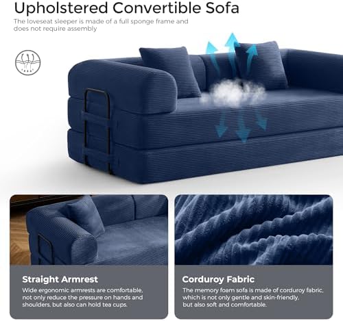 79" Convertible Futon Sofa Bed, Couch for Living Room | Blue | Folding C...