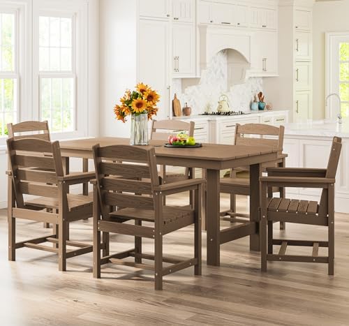 SERWALL 7 Pcs Outdoor Dining Set, 1 Umbrella Hole Table & 6 Chairs, Brown