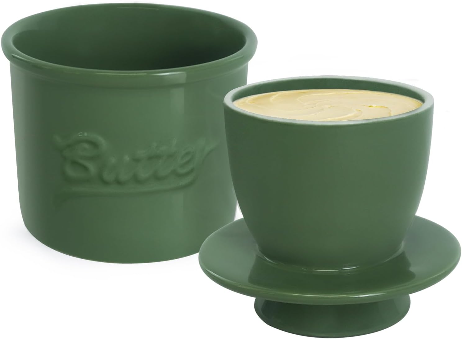 Butter Crock for Counter with Water, French Butter Keeper for Spreadable Butter Ceramic Butter Dish with Lid for Countertop, Butter Container Holder, Home Kitchen Decor (Green, M)