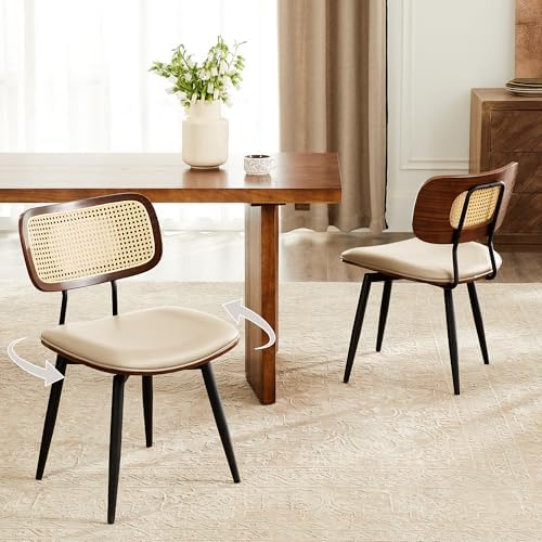 Swivel Dining Chairs with Rattan Back, Rattan Leather Dining Chairs with Swiv...