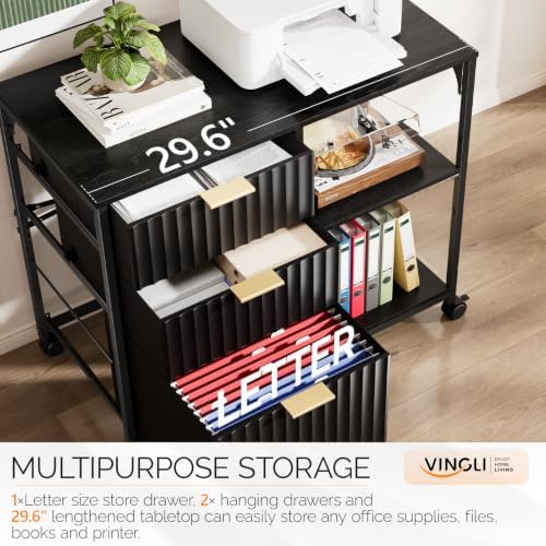 VINGLI 3 Drawer Mobile File Cabinet Printer Stand, Fluted Filing Cabinet with...