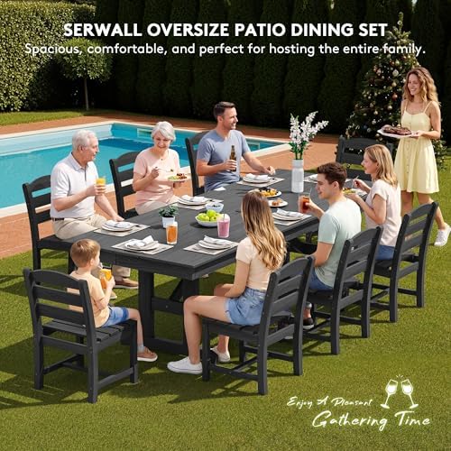 SERWALL 9Pcs 84" HDPE Outdoor Dining Set for 8 with Armless Chairs,Black
