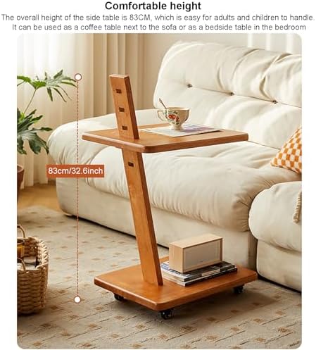 Solid Wood 2-Tier Side Table with Adjustable Height, Mobile End Table & S...
