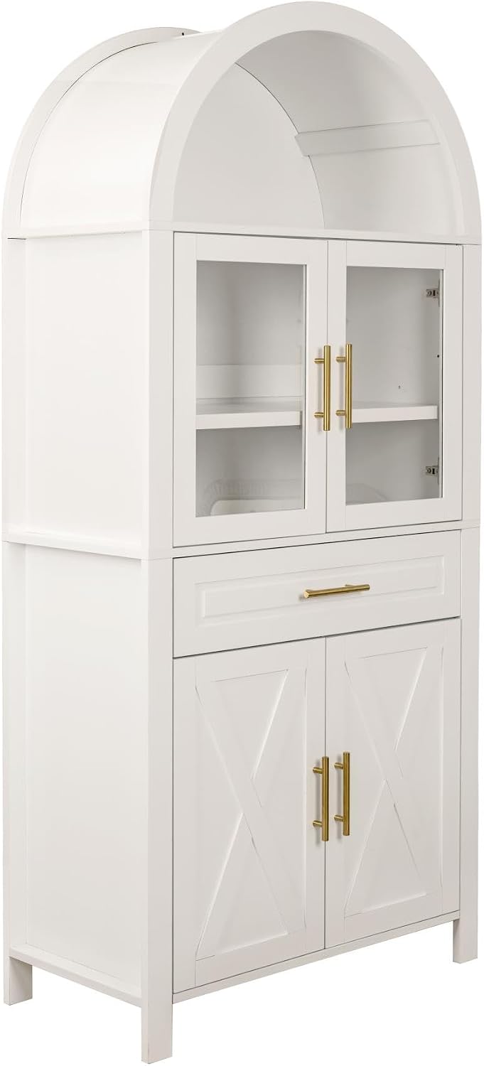 ZeHuoGe 70.8" Tall Arched Kitchen Pantry Cabinet with Glass Door, Farmho...