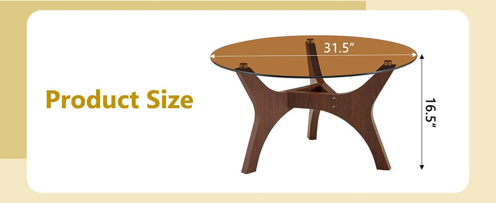 31.5" Glass Coffee Table, Mid-Century Modern Style, Walnut | Tempered gl...
