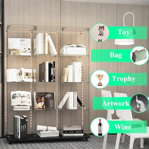 65" H 4-Shelf Glass Display Storage Cabinet with LED Lights Strip & ...