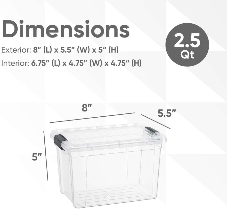 Superio Storage Bins with Lids- 8 Pack, 2.5 Qt Clear Boxes for Organizing, Stackable Plastic Containers- BPA Free, Non-Toxic, Odor Free, Organizer for Home, Office, Dorm