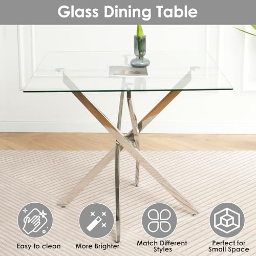 5 Piece Silver Luxury Glass Dining Set, Modern Minimalist Kitchen Table Set f...