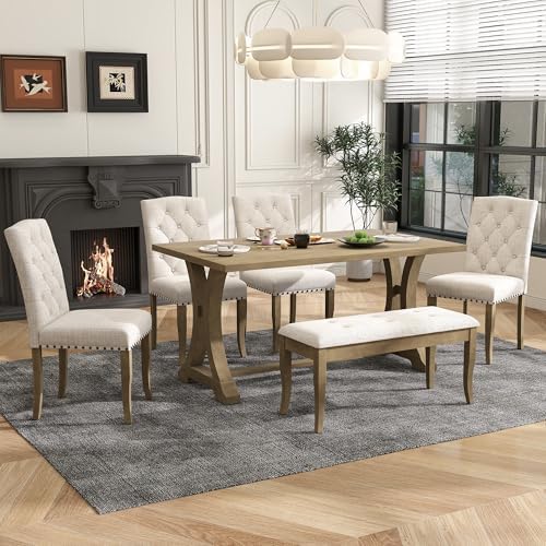 Merax 6-Piece Farmhouse Dining Table Set with Bench and Upholstered Chairs, R...