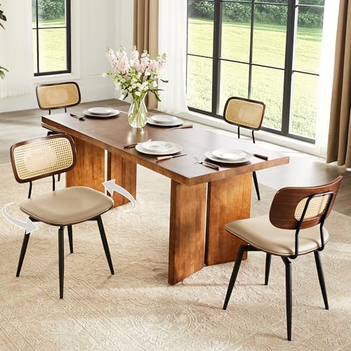 Swivel Dining Chairs with Rattan Back, Rattan Leather Dining Chairs with Swiv...