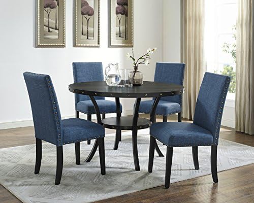 Roundhill Furniture Biony Blue Fabric Dining Chairs with Nailhead Trim, Set of 2