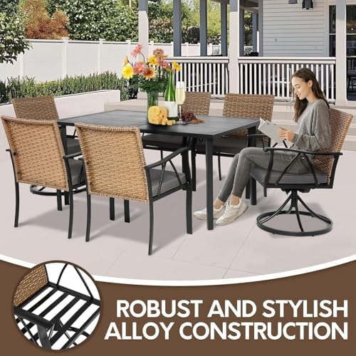 7-Piece Patio Dining Set for 6, Outdoor Dining Set with Wicker Swivel Patio D...