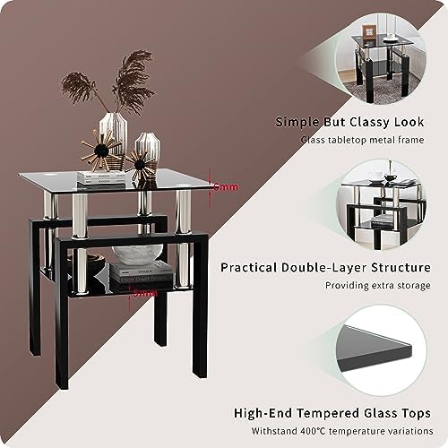 ODUSE-DAILY All Black Glass Coffee Table Set of 3 Piece, Living Room Table Se...