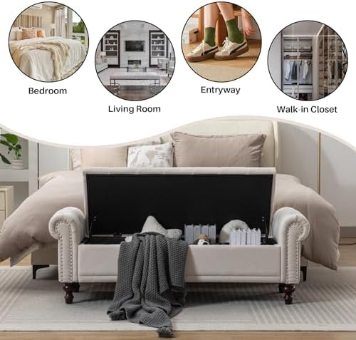 SOFTHION 58.1" Storage Bench for Bedroom, Linen Upholstered, Beige | End...