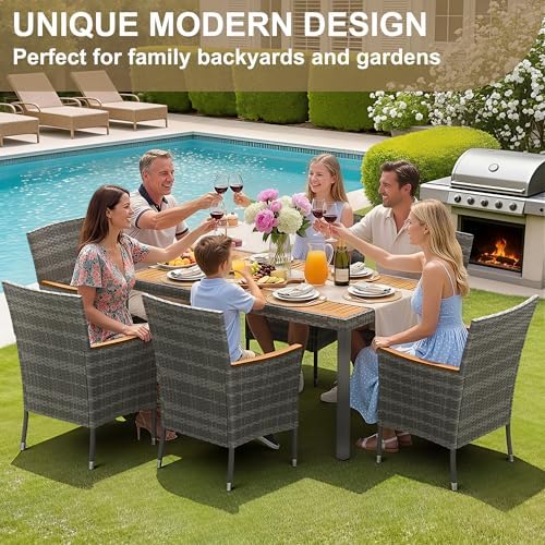 Devoko 7 PCS Acacia Wood Patio Dining Set, Gray Rattan