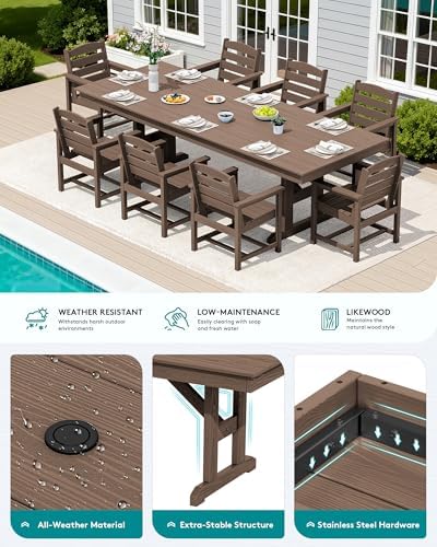 SERWALL 9Pcs 84" HDPE Outdoor Dining Set for 8 with Armchairs,Brown