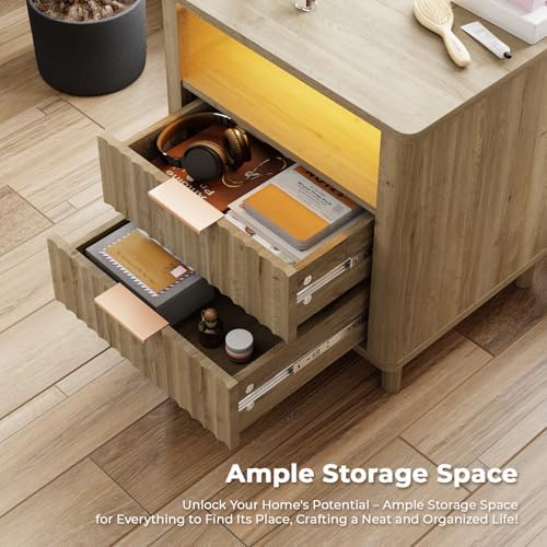Fluted Nightstand with Charging Station, 2 Drawers Oak