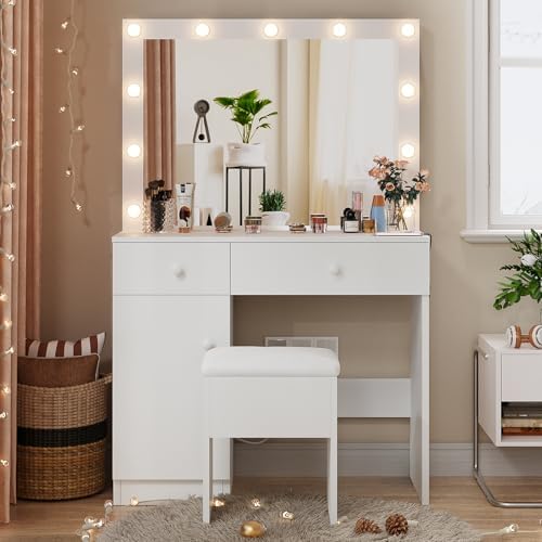 Haewon White Makeup Vanity Desk with Lighted Mirror and Storage Chiar Set | 1...