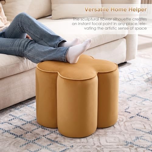 Zesthouse Flower Pouf Ottomans Foot Rest Set of 2, Velvet Poofy Ottomans | Large Ottoman Footstool for Couch, Modern Living Room Stool Seat, Cute Square Vanity Stool for Bedroom, Camel Dorm Foot Stool