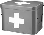 Flexzion Medicine Box, Home Pharmacy Box, 33 x 21 x 19 cm, Metal Medication Storage Box for Emergency, First Aid Cabinet, with Side Handles, Removable Tray & 5 Compartments, Grey