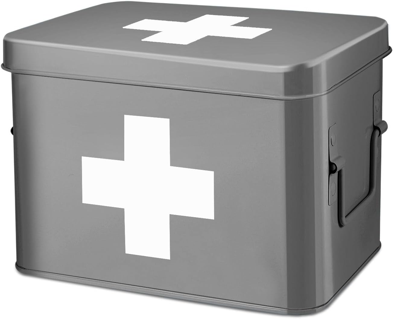Flexzion Medicine Box, Home Pharmacy Box, 33 x 21 x 19 cm, Metal Medication Storage Box for Emergency, First Aid Cabinet, with Side Handles, Removable Tray & 5 Compartments, Grey