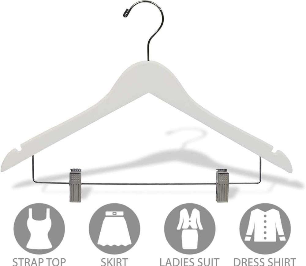 White Wood Combo Hanger w/ Adjustable Cushion Clips, Box of 25 Space Saving 1...