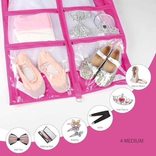 Syeeiex 40 Inch Clear Dance Costume Garment Bag, Rose Red, 5 Pack | Clear PVC Window, 4 Zipper Pockets and ID Card Holder, Foldable Hanging Dance Garment Bags with 3in Gusseted for Dancers