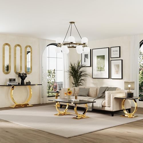 Asday 2 Piece Living Room Table Set, Black and Gold Coffee Table Set with Pol...