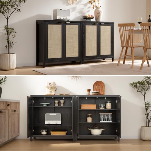 SICOTAS Rattan Black Sideboard Buffet Storage Cabinet with Large Storage