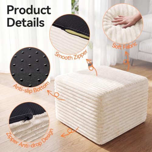 23in Square Pouf Ottoman, Large Corduroy Ottoman Foot Rest with Solid High-De...