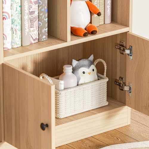 DIYART 63" Tall Oak Bookshelf with 14 Cubbies & 2 Cabinets, 5-Tier L...