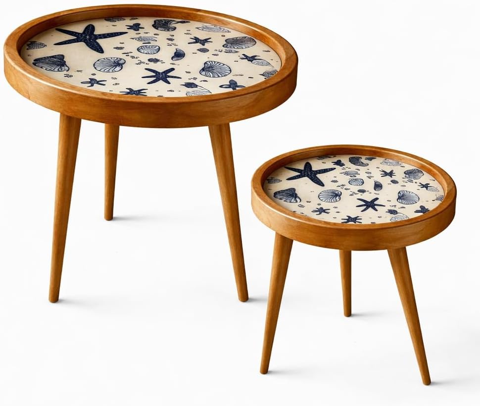 HOMORA Handcrafted Wooden Side Tables Set of 2 – Coastal Nautical Printed Top...