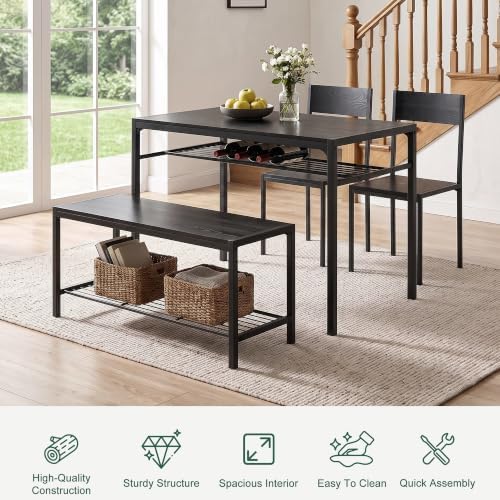 VECELO Kitchen Dining Room Table with 2 Chairs & Bench, Compact Space-Sav...