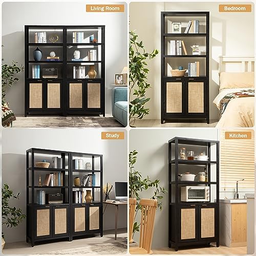 SICOTAS 71" Tall Rattan Bookshelf with Doors for Living Room Library