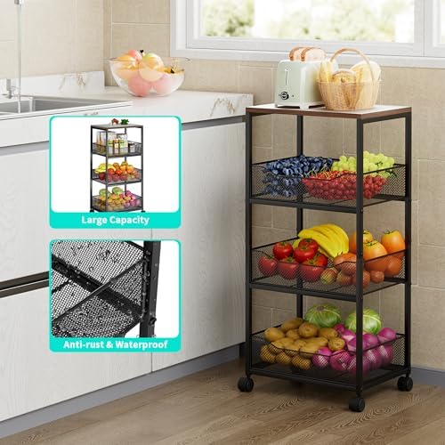 HapiRm Fruit Basket Kitchen Cart - 4-Tier Rolling Storage Cart with Wheels, F...