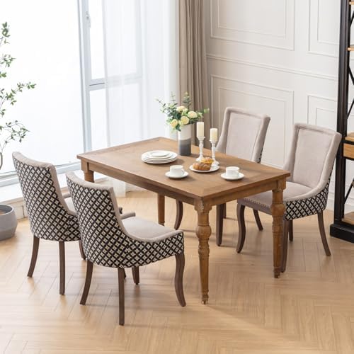 Beige Pattern Upholstered Dining Chairs Set of 4, Farmhouse Kitchen Chairs | ...