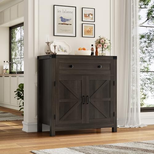 HOSTACK Kitchen Storage Cabinet, Farmhouse Coffee Bar Cabinet, Dark Brown