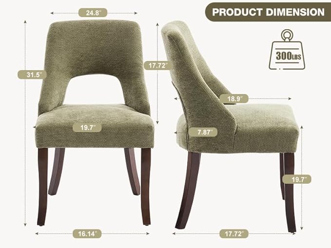 UVV Wooden Dining Chairs Set of 2, Mid Century Modern Chenille Upholstered Di...